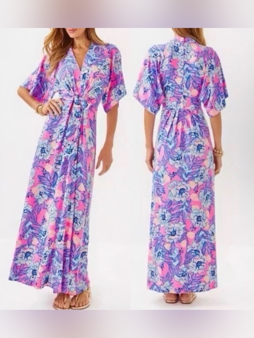 Lilly Pulitzer Wisteria Elbow sleeve V-Neck Maxi Dress 14 16 NWT!